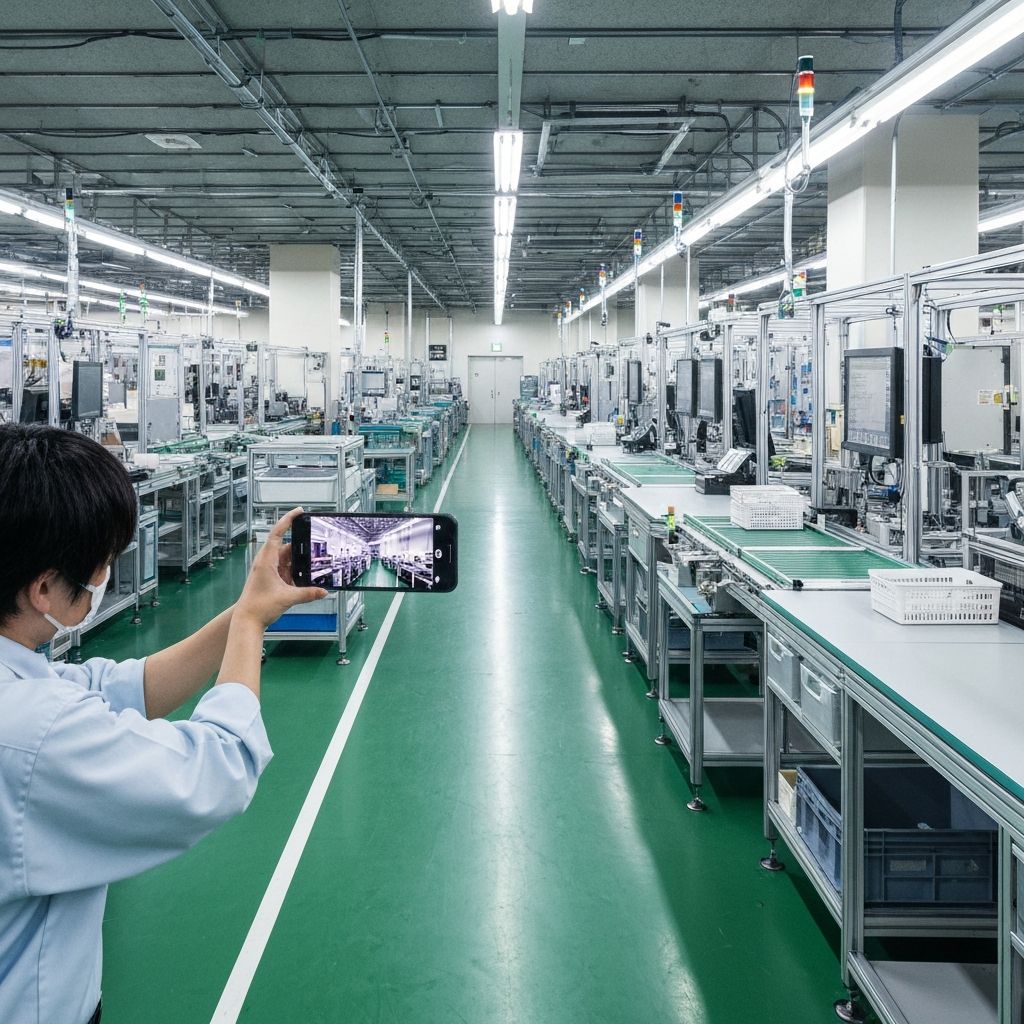 製造現場でスマホを使いマニュアルを作成するイメージ